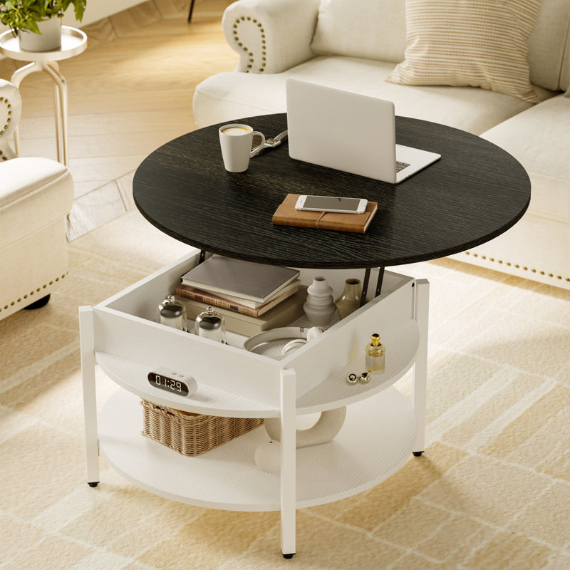 17 Stories Wynny 27"W Lift-Top Wood Coffee Table, Small Round Cocktail Table with Storage ...